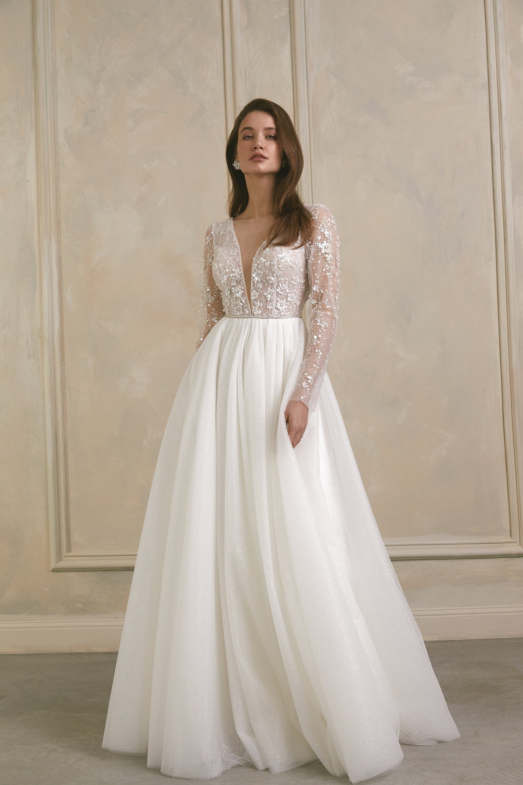 White Dress Maxi Wedding Dress Awaken My Love Lulus Deep V-neck Long Sleeve  Tulle Wedding Dress With Floral Lace And Illusion Sleeve,boho Wedding  Dress, A Line Wedding Gown