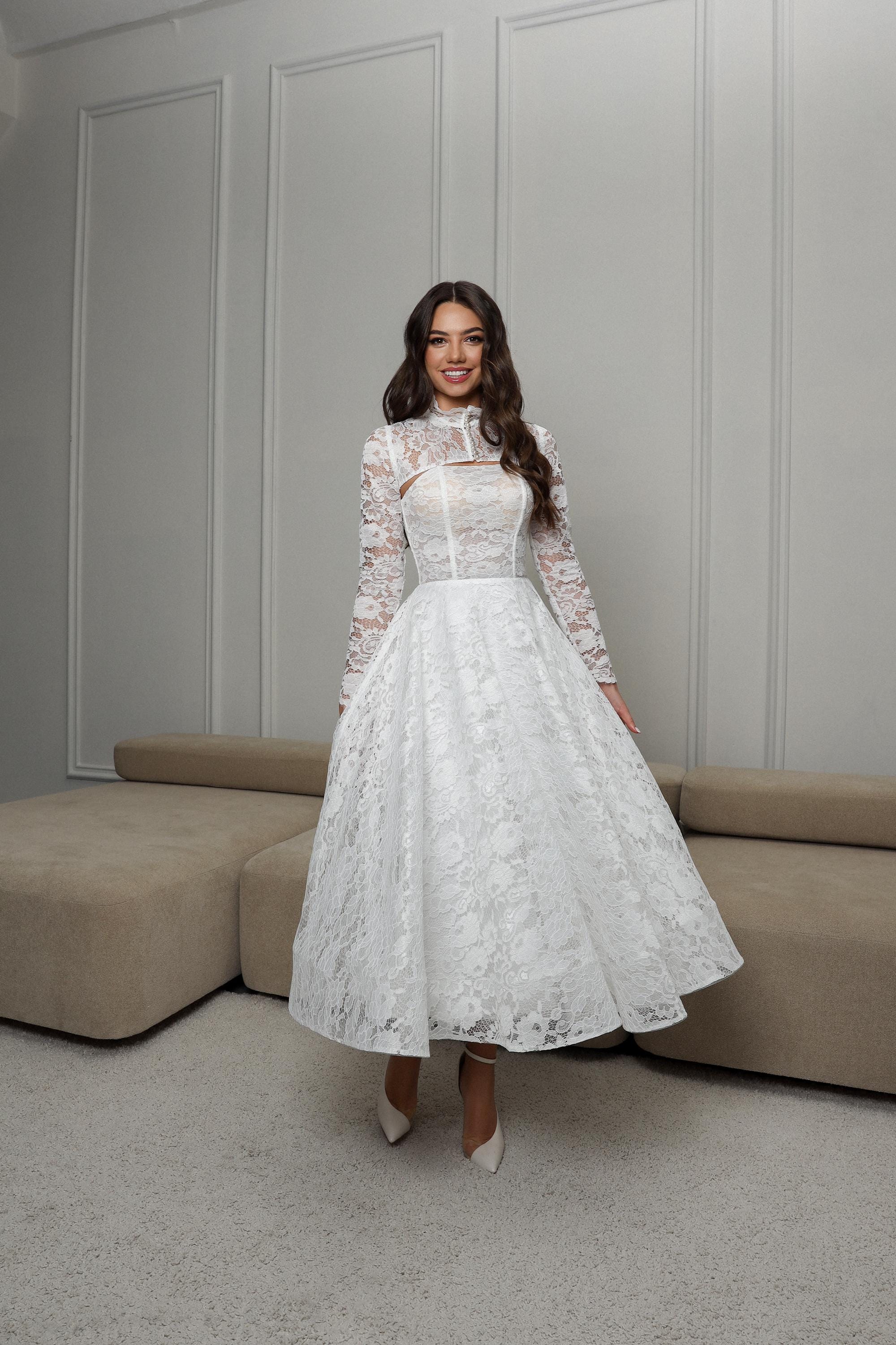 knee length dresses for ladies A Line V Neck 3/4 Long Sleeves Lace Wedding Dress New Arrival Tea Leng –  Ballbella main image 1