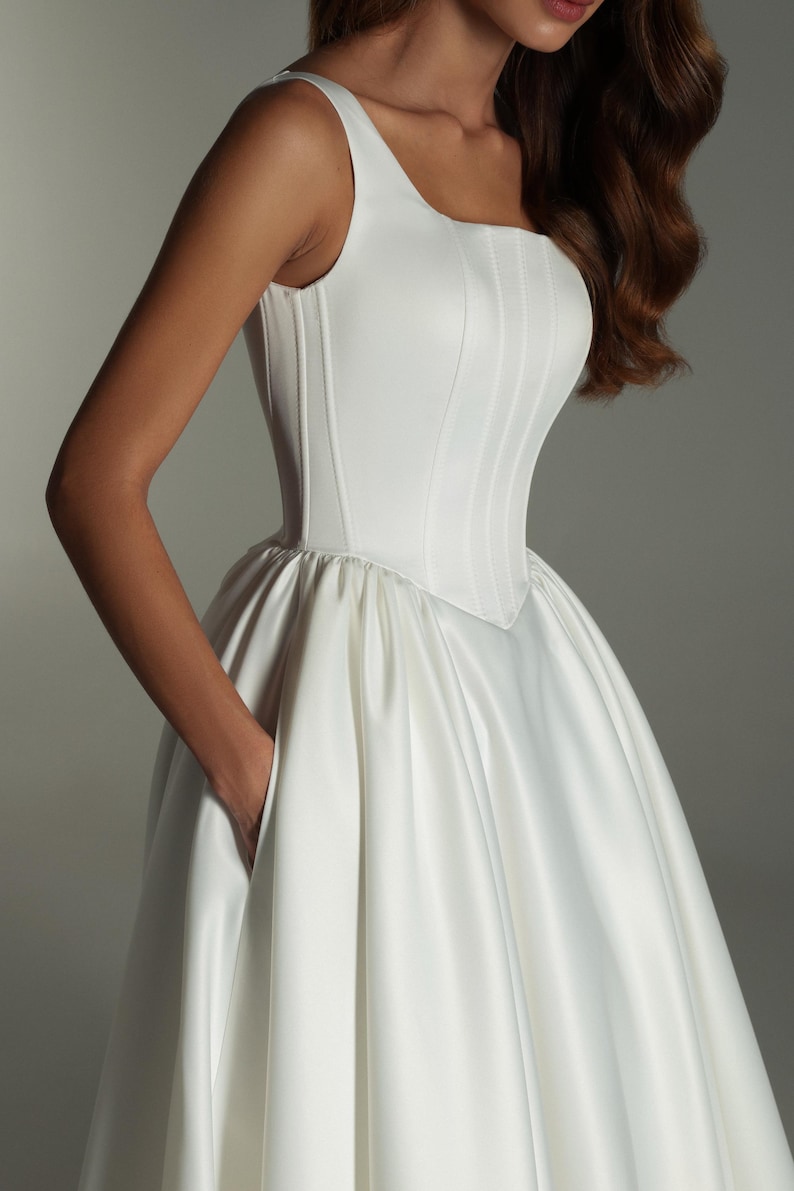Basque Waist Satin Wedding Dress, Minimalist Corset Gown, Square Neck A ...