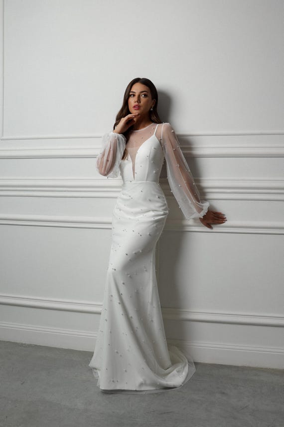 knee length dresses for ladies A-Line Pearl Wedding Dress,Long Sleeve Tea Length Wedding Reception Dress,WD00863, US20W / White main image 1