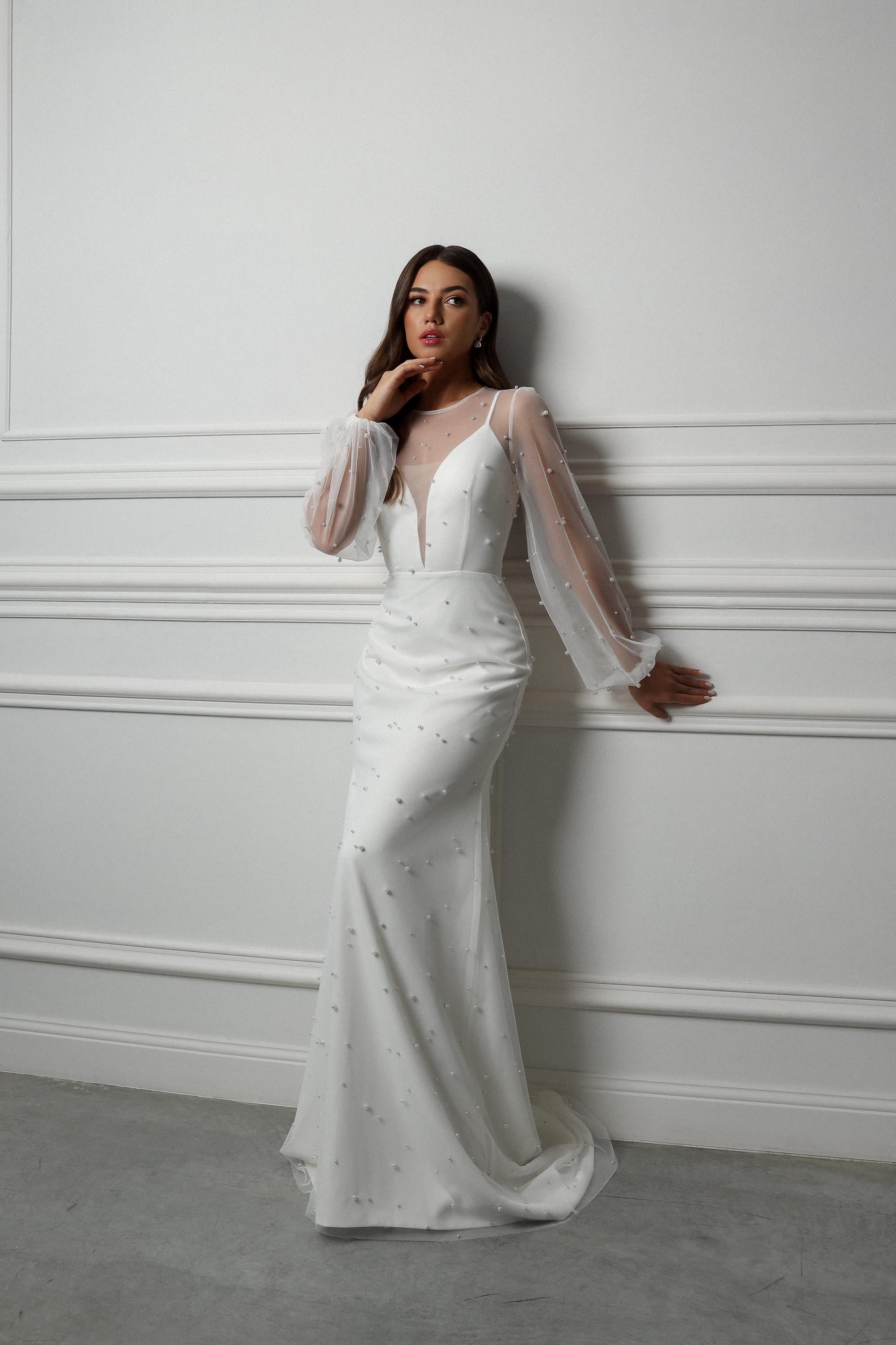 knee length dresses for ladies Sheer See Through Long Sleeve Wedding Dresses Pearl Tulle AWD1564 –  SheerGirl