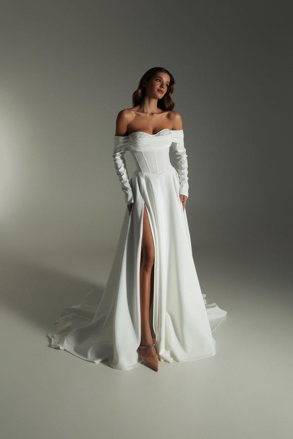Long Sleeve Satin Wedding Dress, Off Shoulder Bridal Gown, Removable Sleeves, Basque Waist Corset A-line
