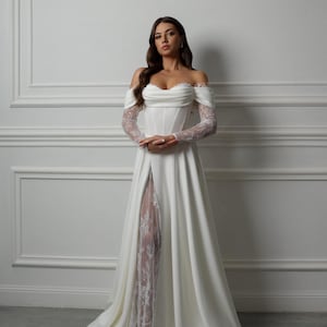 Satin Off Shoulder Wedding Dress with Long Sleeves,A-line Bridal Gown Corset Back,Romantic Wedding Dress with Leg Slit Floral Lace Insert