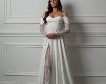 Satin Off Shoulder Wedding Dress with Long Sleeves,A-line Bridal Gown Corset Back,Romantic Wedding Dress with Leg Slit Floral Lace Insert