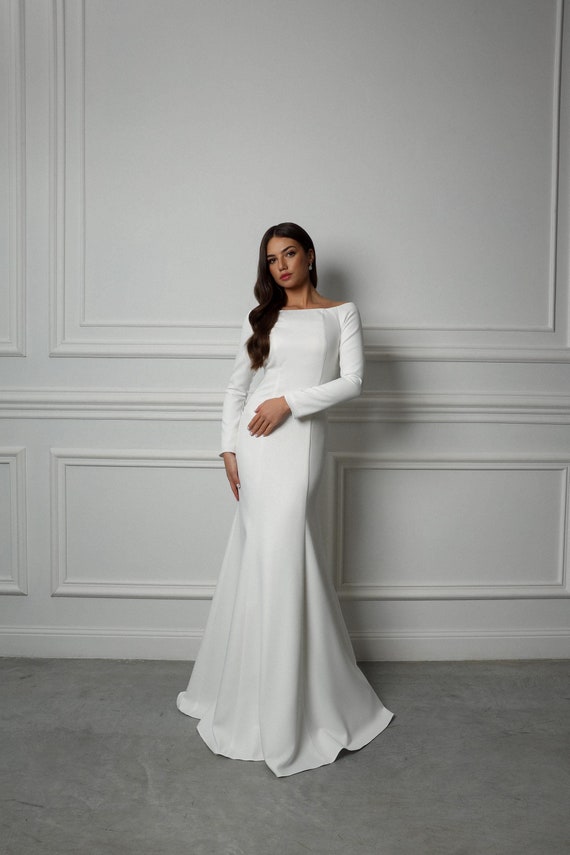 Modest Mermaid Wedding Dress Long Sleeve, Winter Satin Bridal Gown, Elegant  Simple Wedding - Etsy