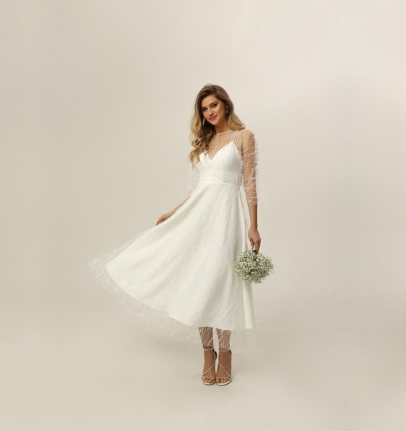 tea length rehearsal dinner dress Wedtrend Women Ivory A-Line Bridal Shower Dress Lace Tea Length Rehearsal Dinner Dress with Long Sleeves, Ivory / US8