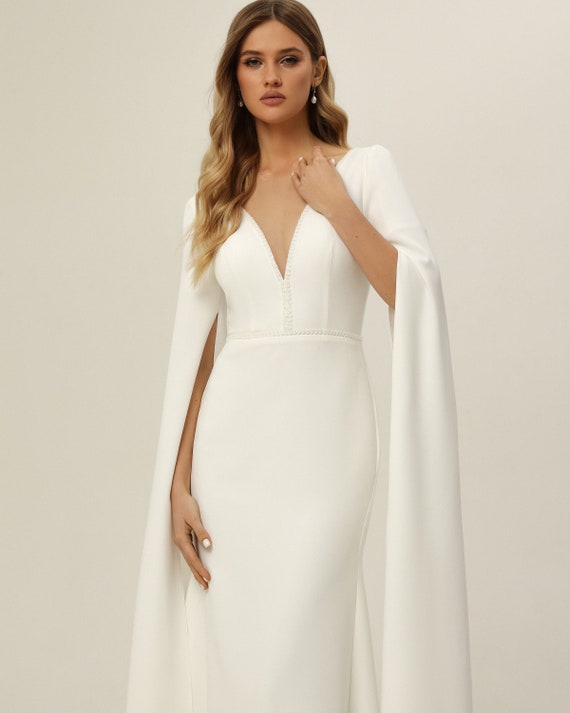 rehearsal dinner dress with cape Reception dress with slit,Short wedding dress with cape,Two pieces satin wedding dress,Rehearsal dinner dress,Corset bridal shower dress