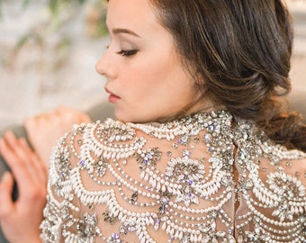 Ornate Handmade Crystals and Pearls Beaded bolero and Bridal Cover Ups for evening and wedding