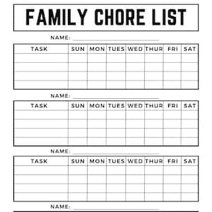 May include: A printable chore chart with four sections for different family members. Each section has a space for a name, a list of tasks, and a grid for assigning chores to each day of the week.