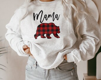 Red Buffalo Plaid Bear Mama Printed Toddler Childrens Crew Neck Sweater Long Sleeve Cute Knitted Jumper Top