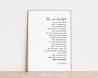 F. Scott Fitzgerald She Was Beautiful Printable Wall Art, Black and White Inspirational Quote Print, Minimalist Home Decor Digital Download