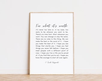 F. Scott Fitzgerald For What It's Worth Quote, Printable Wall Art, Black and White Inspirational Print, Minimalist Home Decor Wall Hanging