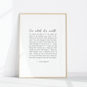 F. Scott Fitzgerald For What It's Worth Quote, Printable Wall Art, Black and White Inspirational Print, Minimalist Home Decor Wall Hanging