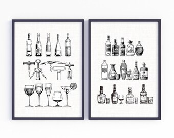 Bar Cart Art Prints, Printable Gallery Wall Set of 2 Wall Hangings, Black and White Cocktail Prints, Retro Home Decor