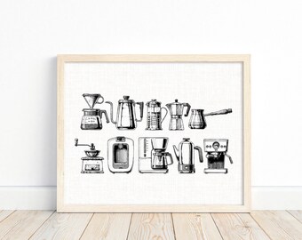 Coffee Poster Printable Wall Art, Coffee Bar Print, Black and White Home Decor, Retro Kitchen Art, Perfect Coffee Lover Gift