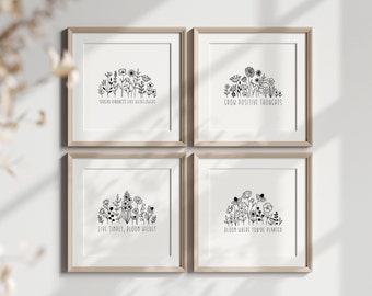 Floral Gallery Wall Art Set, Black and White Wildflower Botanical Prints with Inspirational Quotes, Printable Home Decor