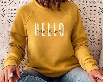 Hello Sunshine Sweatshirt, Cozy Crewneck Raglan Sleeve Pullover, Comfy Cheerful Loungewear