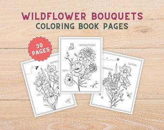 Wildflower Bouquet Coloring Pages, Digital Coloring Book, Minimalist Floral Line Drawing Adult Coloring Pages, Anxiety Relief