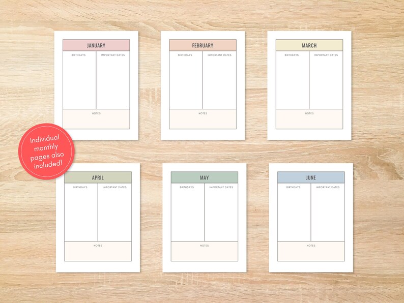 Dates Notepage Birthday Tracker Printable PDF, Important Dates Organizer, Monthly Note ...