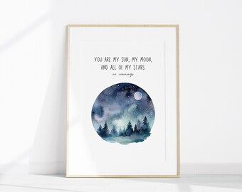 E.E. Cummings Poem Printable - You Are My Sun, My Moon - Watercolor Wall Art, Digital Download Home Decor, Quote Print