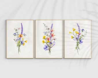 Wildflower Bouquet 3 Piece Wall Art Set, Printable Gallery Wall Hangings, Watercolor Botanical Print Home Decor, Digital Download