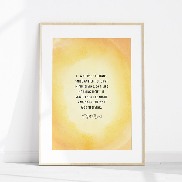 F. Scott Fitzgerald It Was Only a Sunny Smile Quote Print, Printable Wall Art, Watercolor Wall Hanging, Inspirational Home Decor