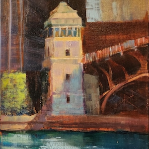 Wabash Bridgehouse- urban landscape , view of bridgehouse and bridge on Chicago Riverwalk, Plein air Chicago river