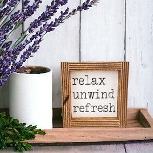 Relax Unwind Sign Tiered Tray Decor Farmhouse Bathroom Sign Mini Framed Wood Sign