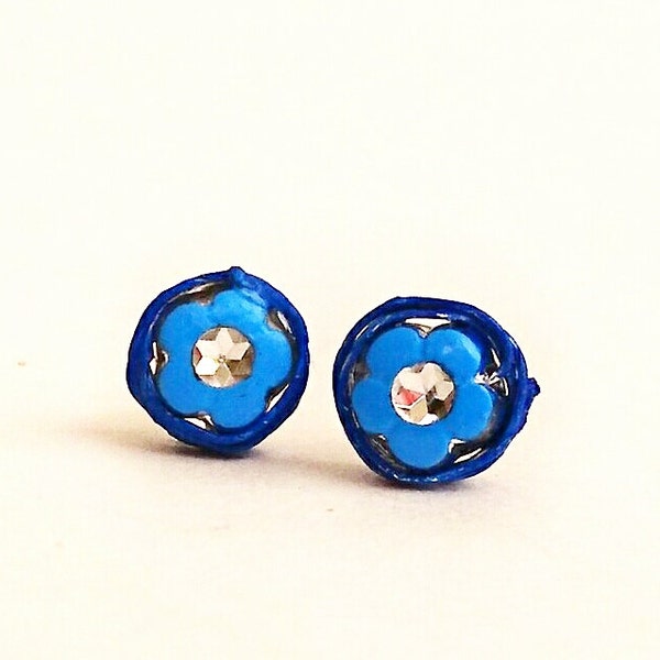 Blue Small Studs - Navy Sky Earrings - Small Blue Flower Studs - Blue Shimmery Studs - Eco Chic Posts - Small Gardener Gift