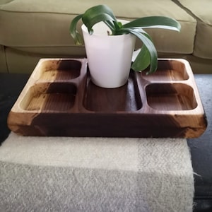 May include: A wooden tray with several compartments and a central section. The tray is made of dark and light wood and holds a white pot with a green plant. The tray is rectangular with rounded edges.