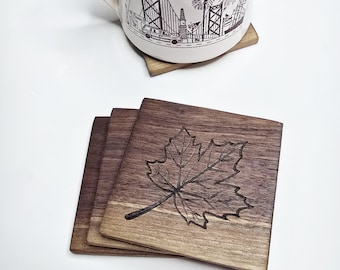 Canadian Maple Leaf Coaster Set: Black Walnut Wood