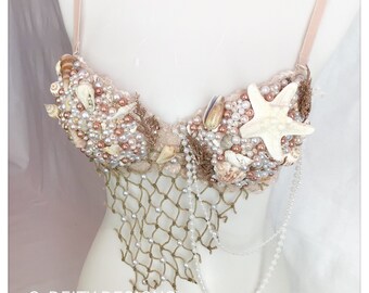 34A* Mermaid Bra| Rave Bra| FestivalBra - ROSEGOLD  Seashell Bra ***Premade 34A***Ready to ship