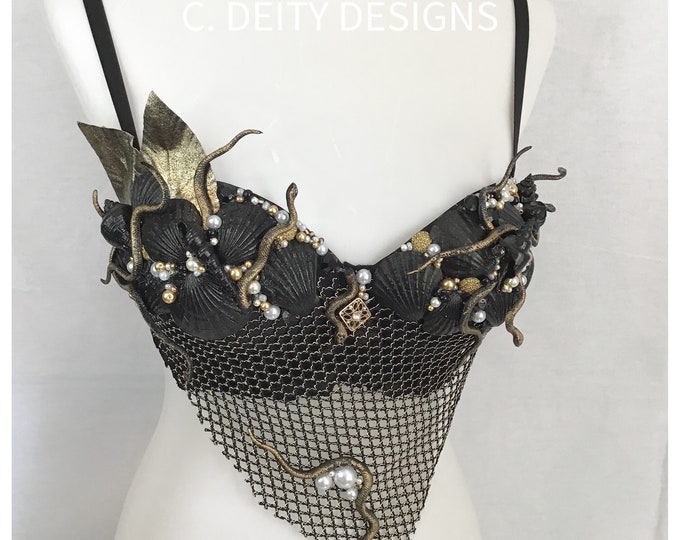 Spangled Shell Bra 34B Black Gold Medusa Bra| Rave Bra| Festivalbra - MEDUSA Seashell Bra ...