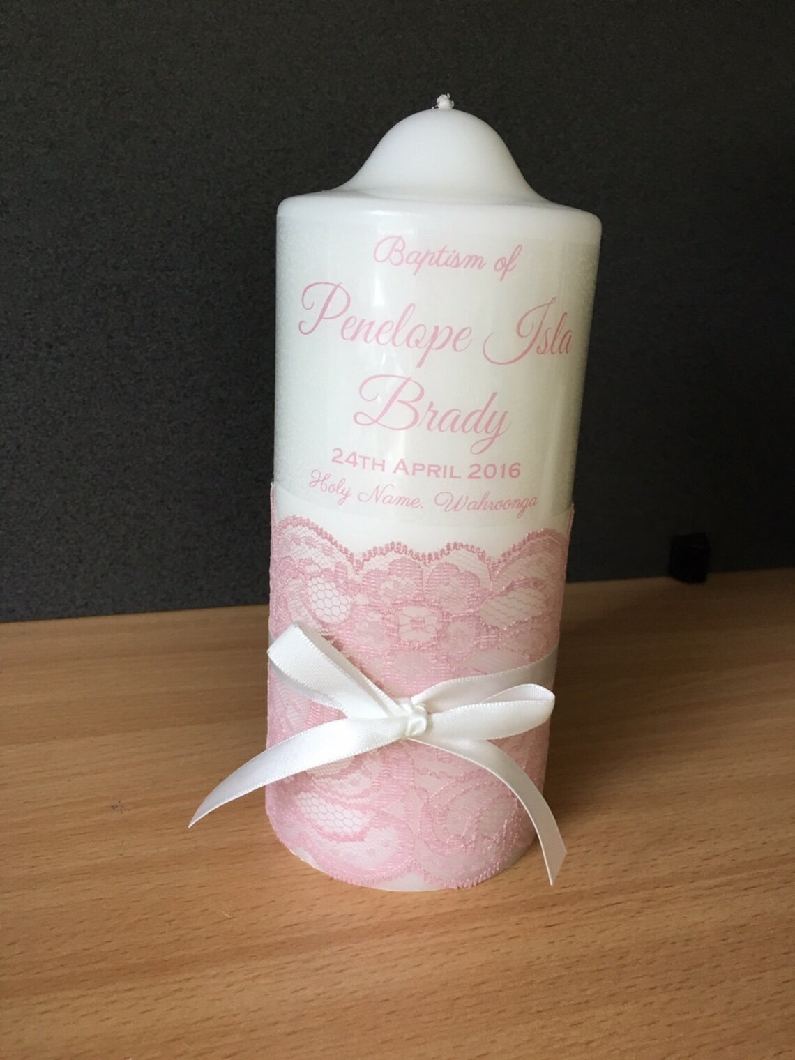 Baptism/ Christening Personalised Pillar Candle pink Lace Etsy Australia
