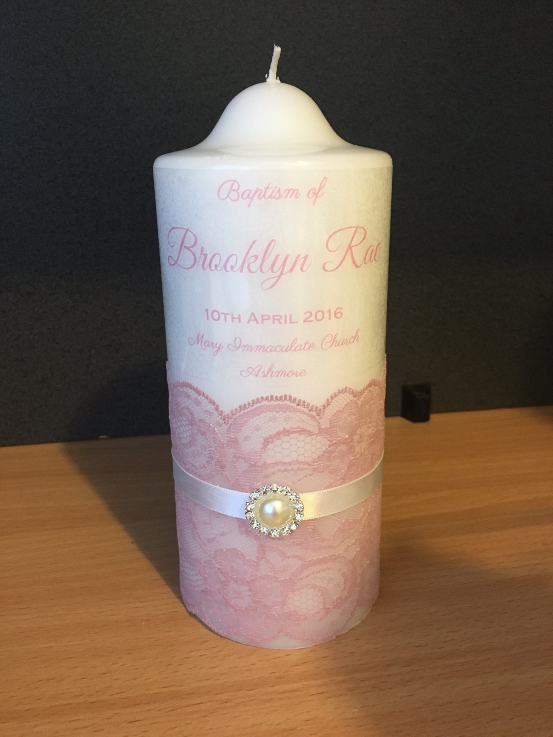 Baptism/ Christening Personalised Pillar Candle pink Lace Etsy Australia