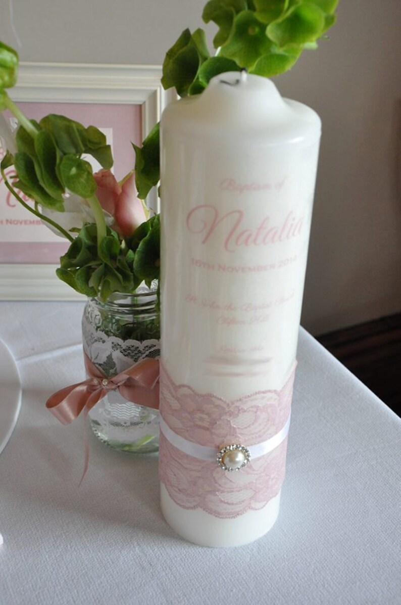 Baptism/ Christening Personalised Pillar Candle pink Lace Etsy Australia