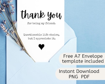 Tarjeta de agradecimiento divertida para un amigo, tarjeta de felicitación imprimible, descarga digital PDF PNG, tarjeta de amistad, descarga instantánea y plantilla de sobre.