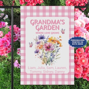 Custom Birthday Gift for Grandma Garden Flag, Grandma&#39;s Garden Gift from Grandkids Names, Mothers Day Gift Love Grows Here Pink Gingham