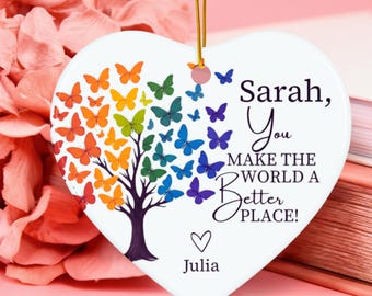Personalized Butterfly Tree Ornament, Thank You Gift for Caregiver Nurse Teacher, You Make the World a Better Place, Heart Appreciation Gift