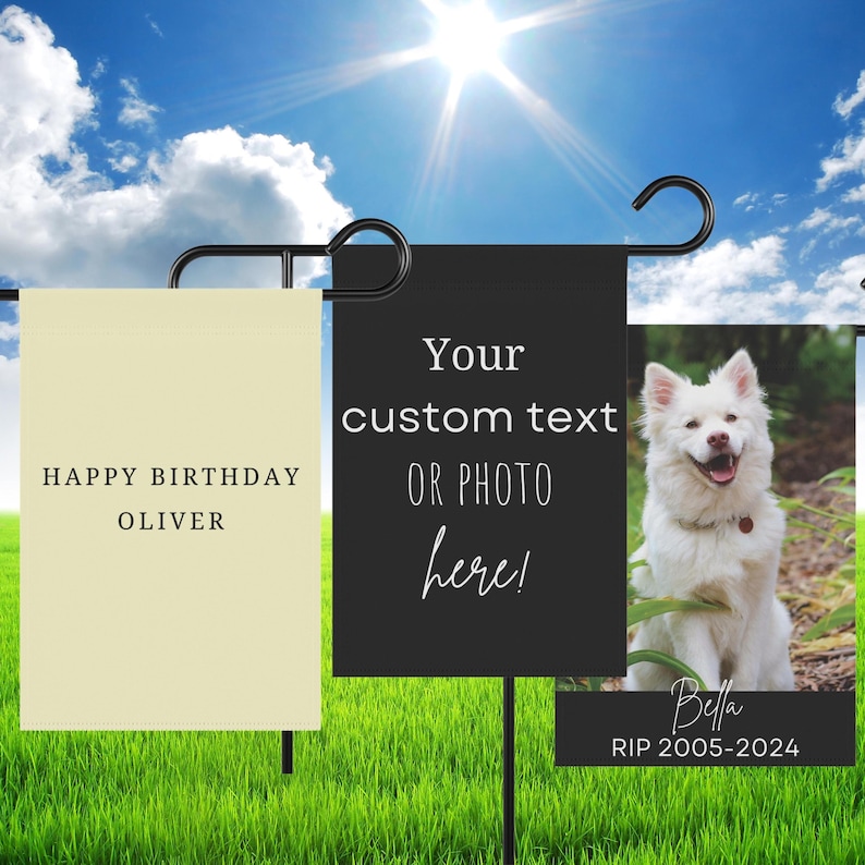 A custom garden flag or House flag. You provide text, photo, choose font and flag colors. The perfect Photo flag for Birthday or Memorial. Nice Gardner Gift. Event banner for wedding, baby shower, or Birthday party. Or welcome sign with company logo.