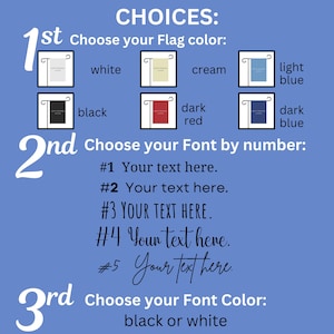 May include: A customization guide for a garden flag featuring three steps. Step 1 shows six flag color options: white, cream, light blue, black, dark red, and dark blue. Step 2 lists five numbered font styles. Step 3 offers black or white font color.