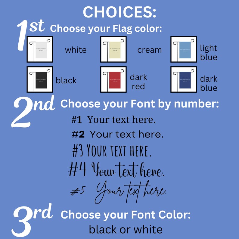 May include: A customization guide for a garden flag featuring three steps. Step 1 shows six flag color options: white, cream, light blue, black, dark red, and dark blue. Step 2 lists five numbered font styles. Step 3 offers black or white font color.