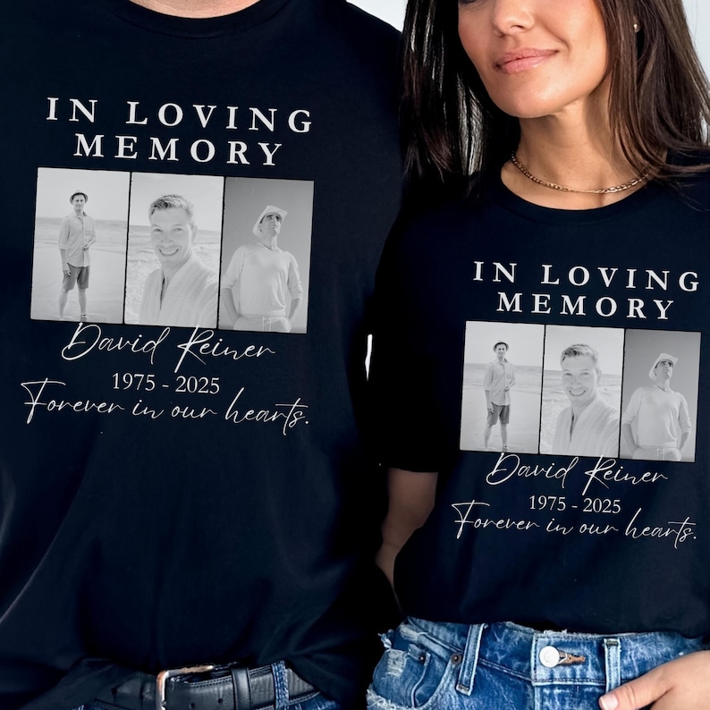 In Loving Memory PNG for Memorial Shirt or Memorial Gift.  This PNG has white text and reads In Loving Memory David Miller  1975-2025 Forever in our hearts. Personalized with name and dates and 3 custom photos. This is an editable PNG file, Canva template. This PNG file can be used with sublimation paper to create your own memorial shirt, or the file can be sent to your printer.  The perfect PNG sublimation design to create your own unique shirts or memorial keepsake wall decor.