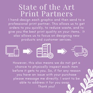 May include: A purple informational graphic with white text titled State of the Art Print Partners. It features white line icons of a computer and phone, a building with a gear, and a delivery truck, connected by arrows to explain the production process.
