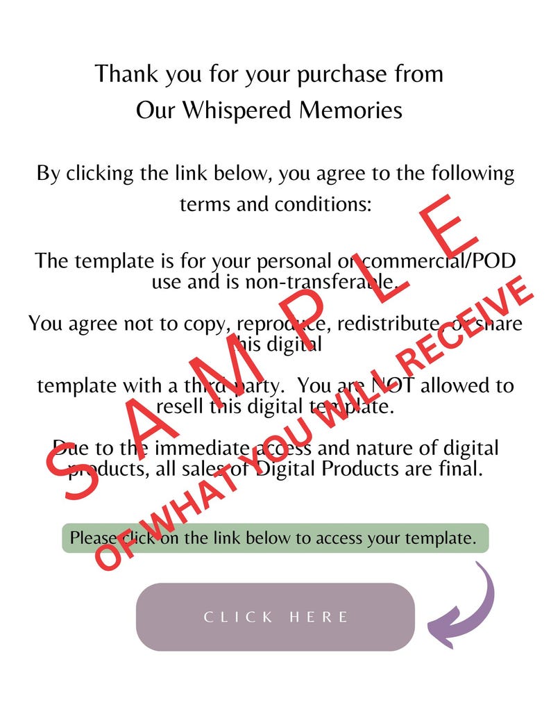May include: A white digital document with text, including "Thank you for your purchase from Our Whispered Memories." The document has a red "SAMPLE" stamp and a purple button that says "CLICK HERE."