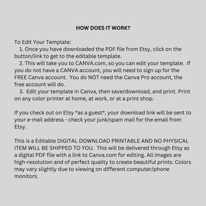 May include: A digital download printable with instructions on how to edit a template. The text explains how to download the PDF file from Etsy, edit it on Canva, and print it. It also mentions that no physical item will be shipped.