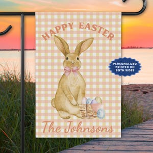 Personalized Easter Decor, Spring Garden Flag, Outdoor Easter Yard Art, Lawn or Porch Decor, Easter Bunny Flag, Gingham House Banner
