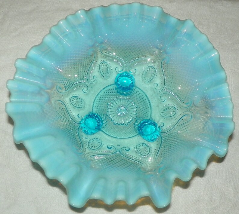 Gorgeous Blue Opalescent Three Footed Ruffled Compote Bowl Candy Dish ...