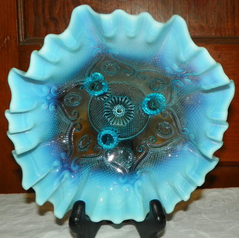 Blue Opalescent Three Footed Ruffled Compote Bowl Etsy