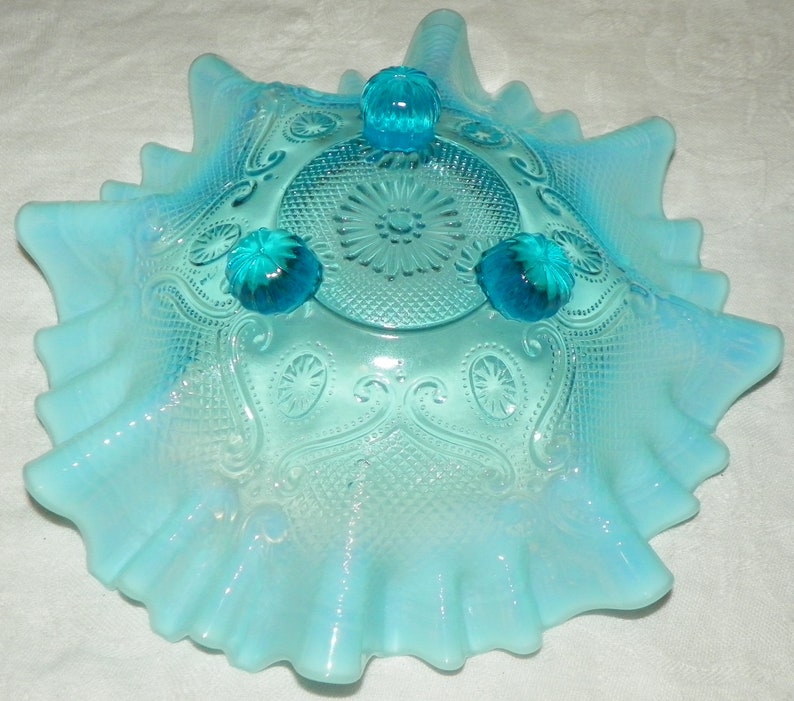 Blue Opalescent Three Footed Ruffled Compote Bowl Etsy